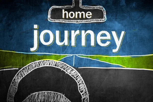 Home and journey concept inside car, chalk sketch — Stock Photo, Image