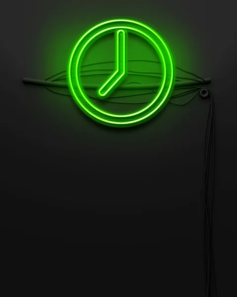 Neon glowing signboard with clock sign, copyspace — Stock Photo, Image
