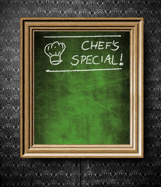 Chefs special with copy-space chalkboard in old wooden frame — Stock Photo, Image