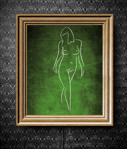 Dibujo de mujer desnuda pizarra en marco de madera vieja — Foto de Stock