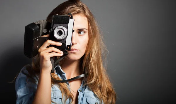 Silly photographer woman taking pictures old camera — Stock Photo, Image