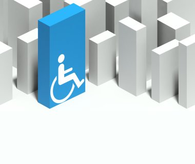 3D tekerlekli sandalye sembol ile kendine özgü gökdelen şehir, kavramsal modeli