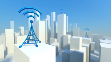3D kablosuz ağ wifi kule, iletişim kavramı ile şehir içinde