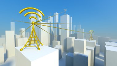 3D kablosuz ağ wifi kule, iletişim kavramı ile şehir içinde