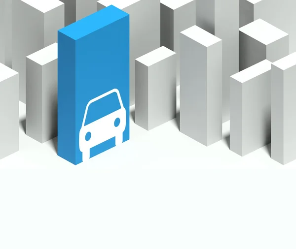 3d car symbol in conceptual model of city with distinctive skyscraper — Stock Photo, Image