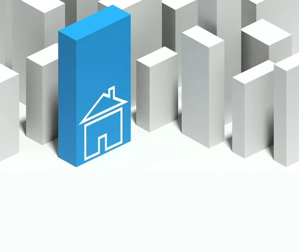 Símbolo de la casa 3d en el modelo conceptual de la ciudad con rascacielos distintivo —  Fotos de Stock