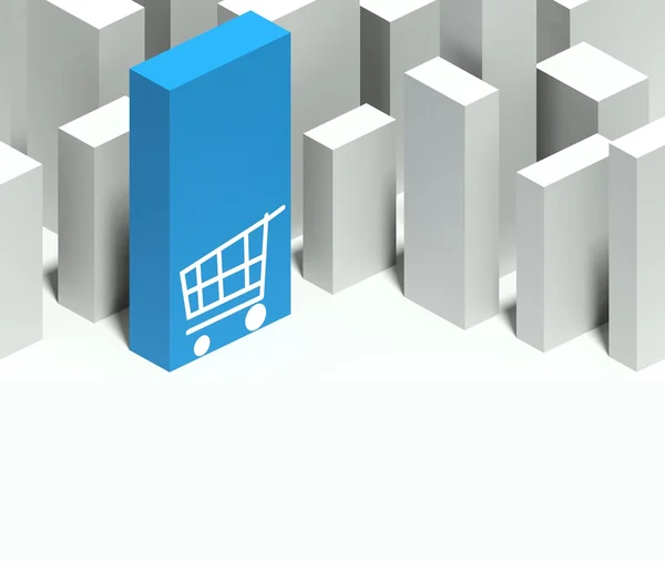 3d shopping cart symbol in conceptual model of city with distinctive skyscraper — Stock Photo, Image