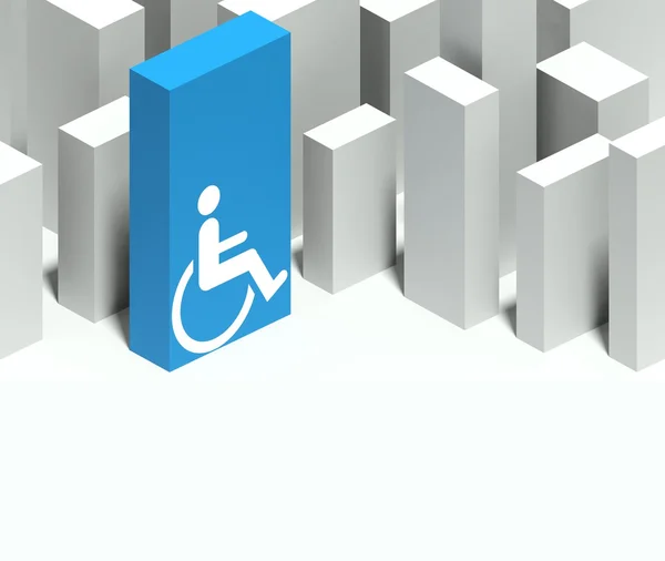 3D rolstoelsymbool in conceptueel model van stad met kenmerkende wolkenkrabber — Stockfoto