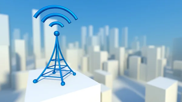 3D trådlöst nätverk i staden med wifi tower, begreppet kommunikation — Stockfoto