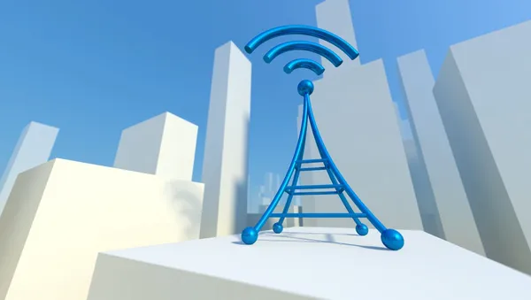 3D-draadloze netwerk in de stad met wifi toren, concept van communicatie — Stockfoto