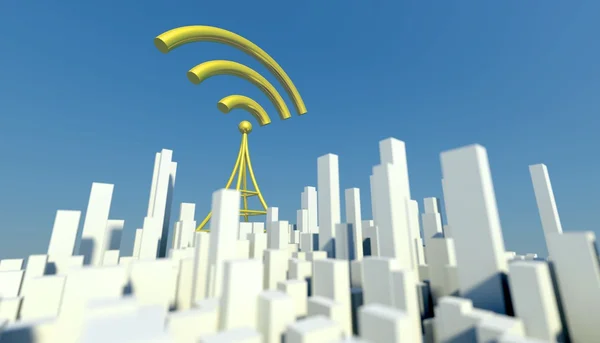 3d Wireless network in miniature city with wifi tower, Concept of communication — Stock Photo, Image