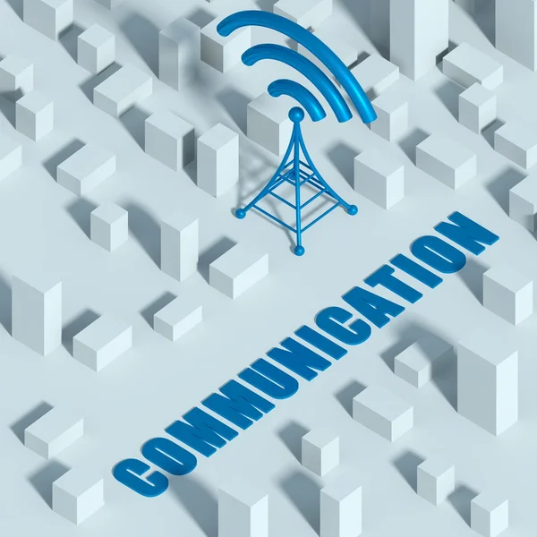 Obchod s bezdrátové sítě a wifi věží ve městě, 3d pojmu komunikace — Stock fotografie