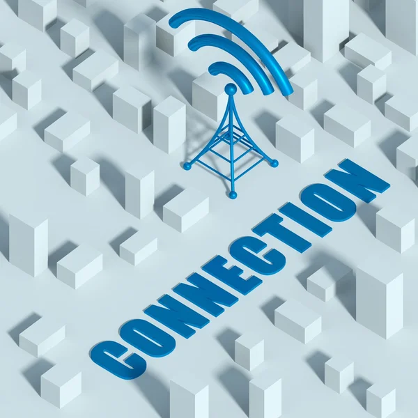 Negócios com rede sem fio e torre wifi na cidade, conceito 3d de comunicação — Fotografia de Stock