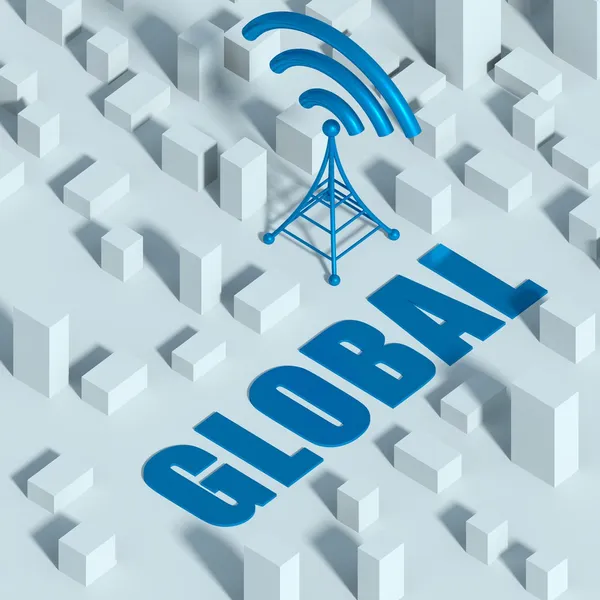 Geschäft mit drahtlosem Netzwerk und Wifi-Tower in der Stadt, 3D-Kommunikationskonzept — Stockfoto