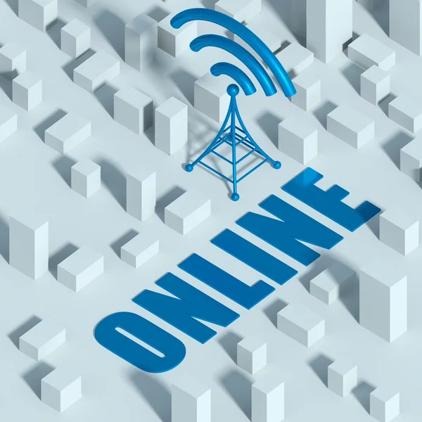 Affärer med trådlöst nätverk och wifi tower i staden, 3d begreppet kommunikation — Stockfoto