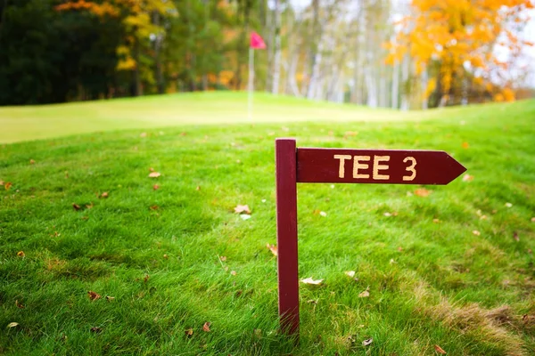 Autunno campo da golf con verde, segno tee — Foto Stock