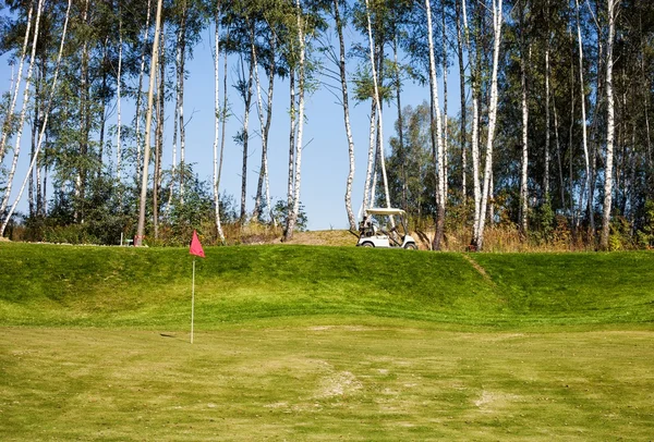 Paisagem de campo de golfe com carro de golfe — Fotografia de Stock