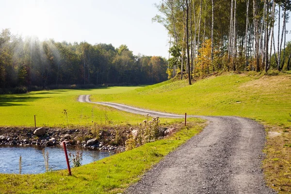 Autunno campagna vista paesaggio, campo verde con strada — Foto Stock