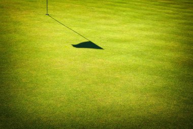 yeşil çim sahası golf sahası arka plan, fincan ve bayrak