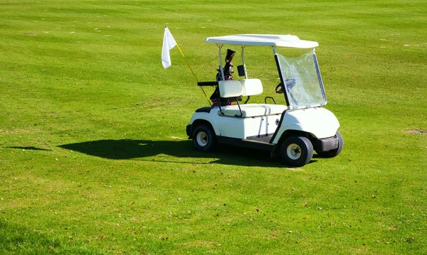 在高尔夫球场草坪上的高尔夫球车汽车 — 图库照片