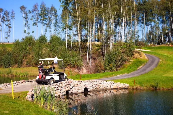 Golf-cart auto op gebied van golfbaan — Stockfoto