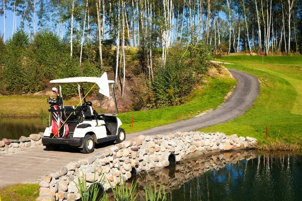 Carro de golf en puente en campo de golf —  Fotos de Stock