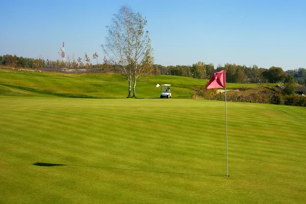 Zielone pole golfowe z wózkiem golfowym samochód — Zdjęcie stockowe