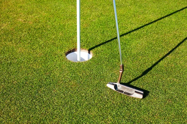 Club de golf y copa en verde, primer plano — Foto de Stock