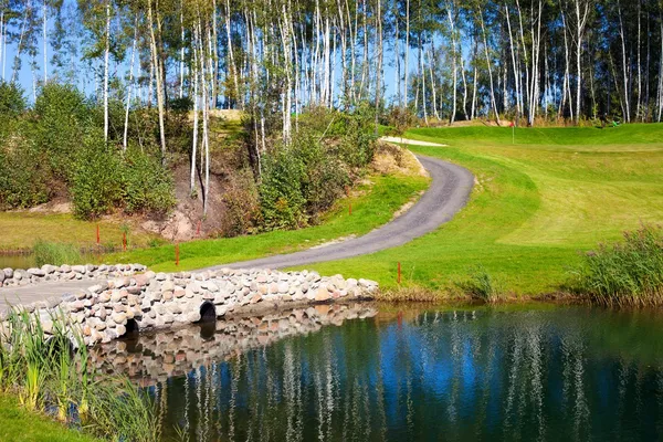 Поле для гольфа осенью, луг и озеро — стоковое фото