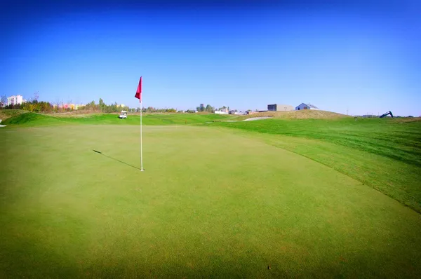 Golf course landscape with green cup Royalty Free Stock Photos