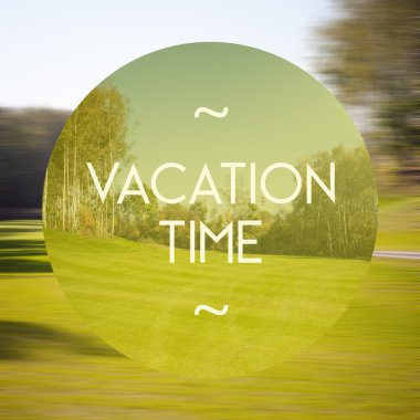 Vacation time poster illustration of green fields and forest clipart