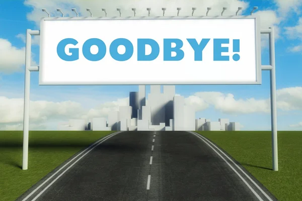 Goodbye road sign on highway in big city — Stock Photo, Image