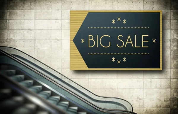 Moving escalator stairs, big sale poster — Stock Photo, Image