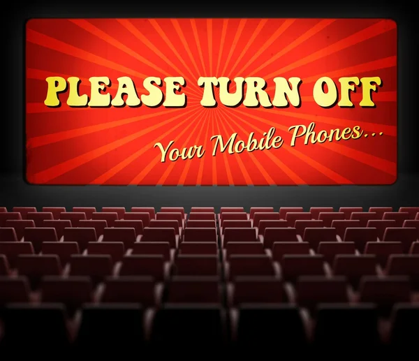 Stäng av mobiltelefoner filmduken i gamla biografen — Stockfoto