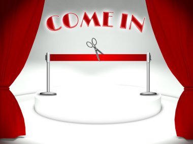 Come in on theater stage red ribbon and scissors clipart