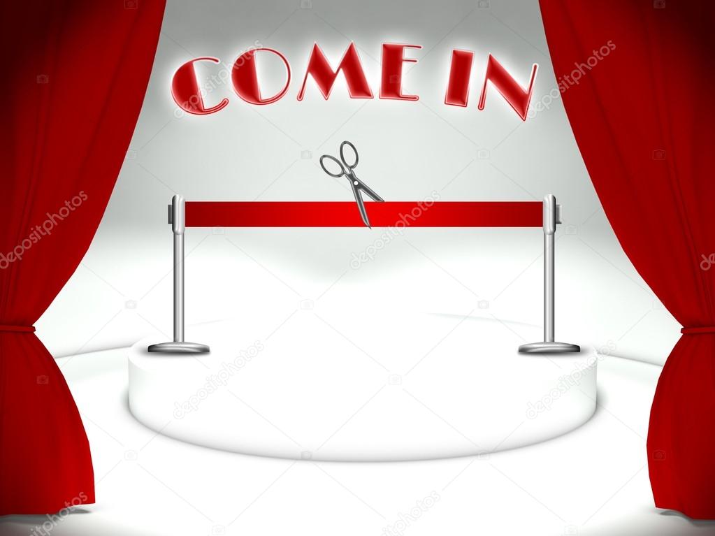 Come in on theater stage red ribbon and scissors