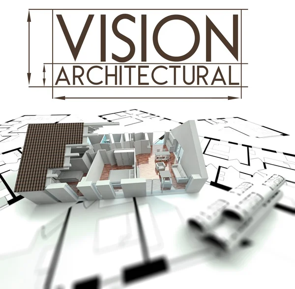 Architectural vision with project of house on blueprints — Stock Photo, Image