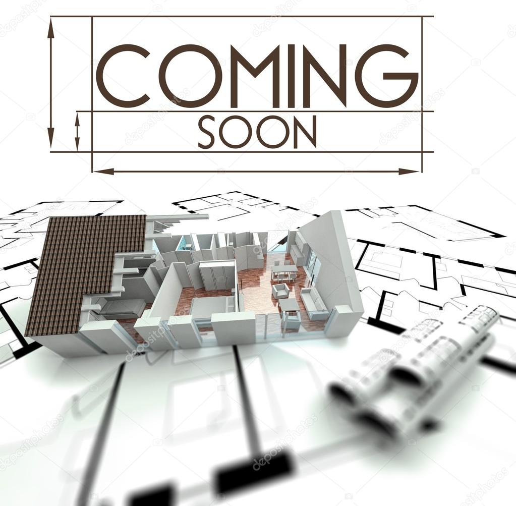 Coming soon sign, project of house on blueprints Stock Photo by
