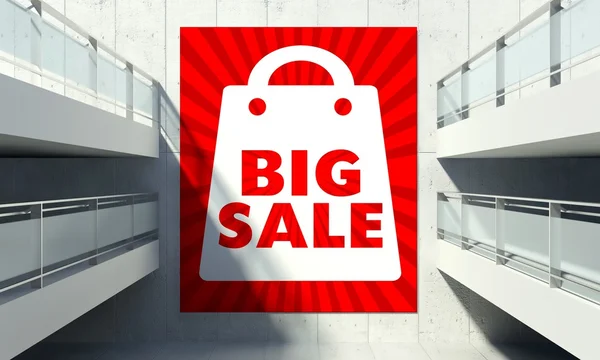 Big sale poster on wall in store interior — Stock Photo, Image
