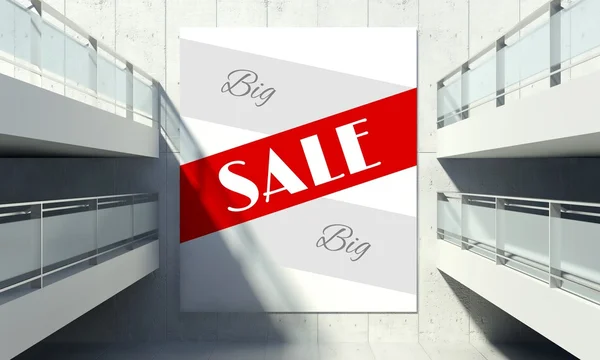 Big sale poster on wall in store interior — Stock Photo, Image
