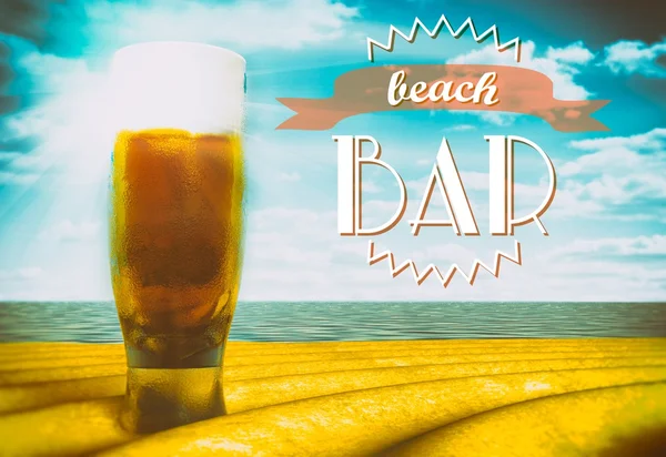 Beach bar sign, beer glass on sand — Stock Photo, Image