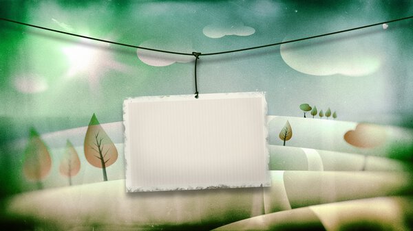 Old postcard on vintage children illustration with landscape