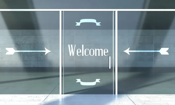 Welcome sign on shopfront doorway — Stock Photo, Image