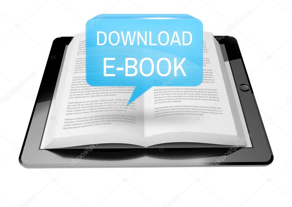 Download Ebook Icon Button Above E-Book Reader Tablet Stock Photo.