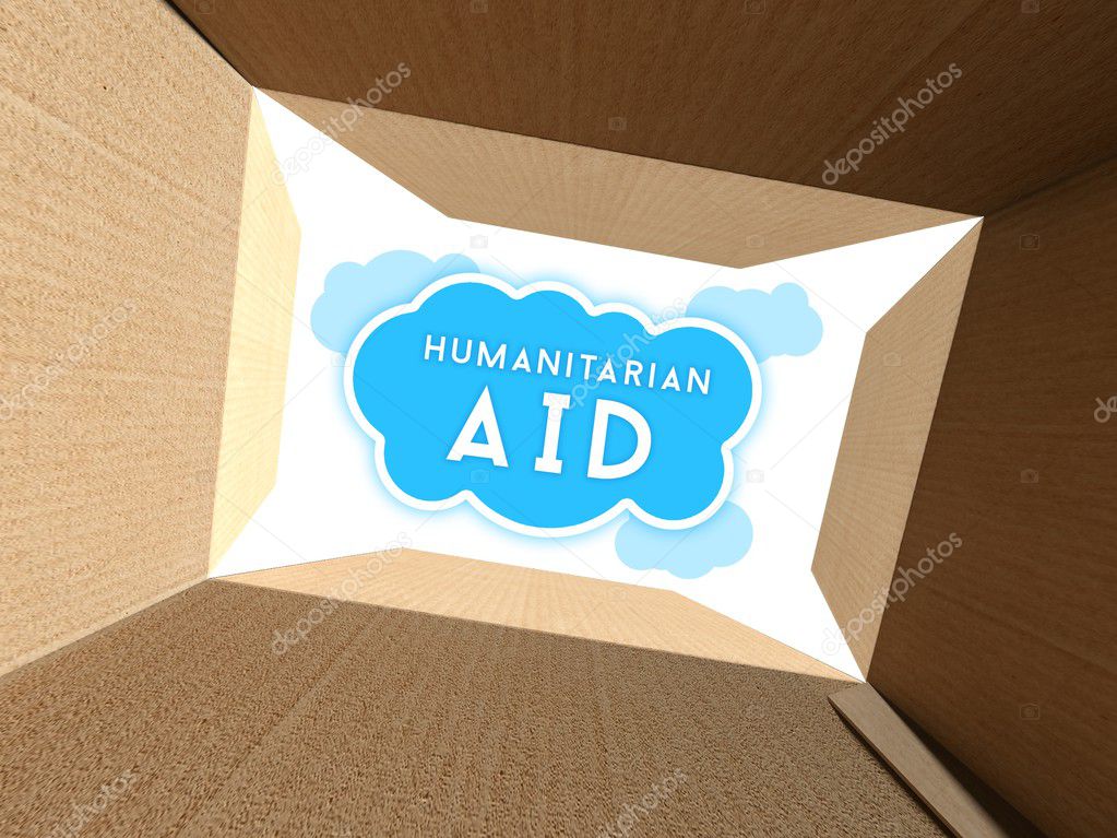 Humanitarian aid seen from interior of cardboard box