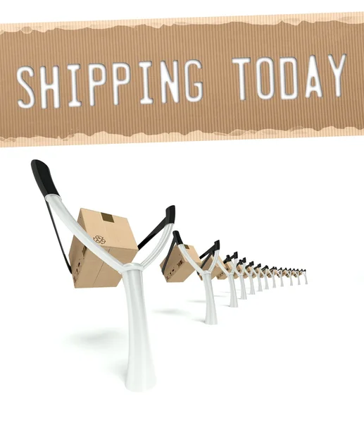 Shipping transportation concept cardboard box on slingshot — Stock Photo, Image