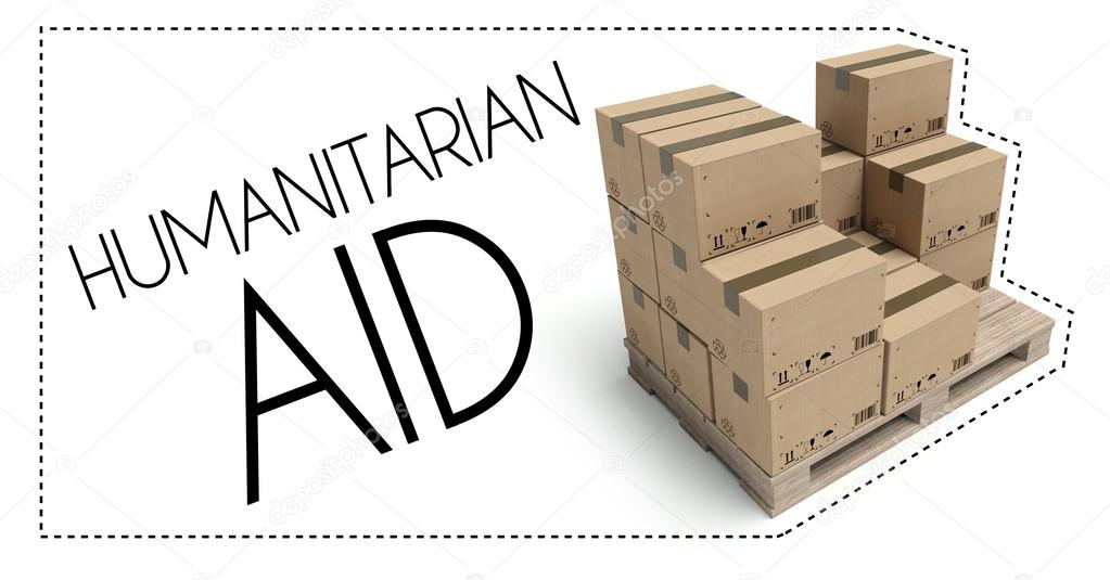Transportation, Humanitarian aid pallet with cardboard boxes