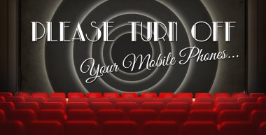 Please turn off cell phones screen in old retro cinema clipart