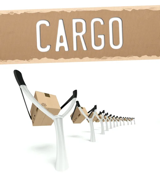 Cargo transportation concept cardboard box on slingshot — Stock Photo, Image