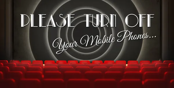 Please turn off cell phones screen in old retro cinema — Stock Photo, Image